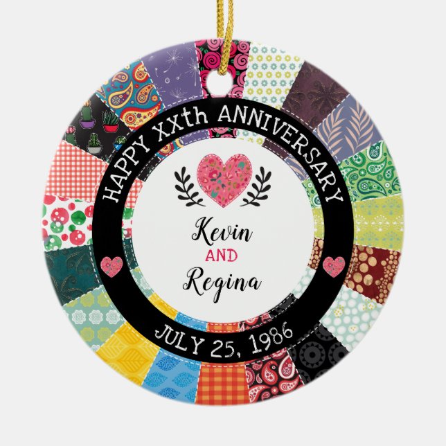 Personalized Anniversary, Patchwork Quilt Pattern Ceramic Ornament (Front)