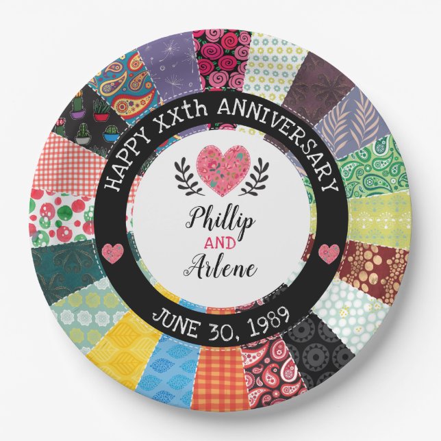 Personalized Anniversary, Patchwork Quilt Pattern Paper Plates (Front)