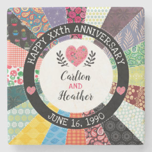 Personalized Anniversary, Patchwork Quilt Pattern Stone Coaster