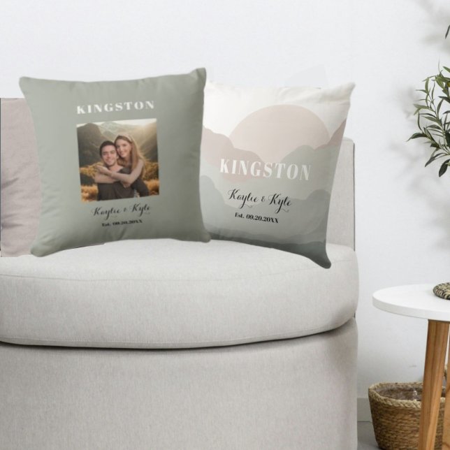 Personalized Anniversary Photo Keepsake   Throw Pillow (Custom Boho Watercolor Anniversary Keepsake Pillows)