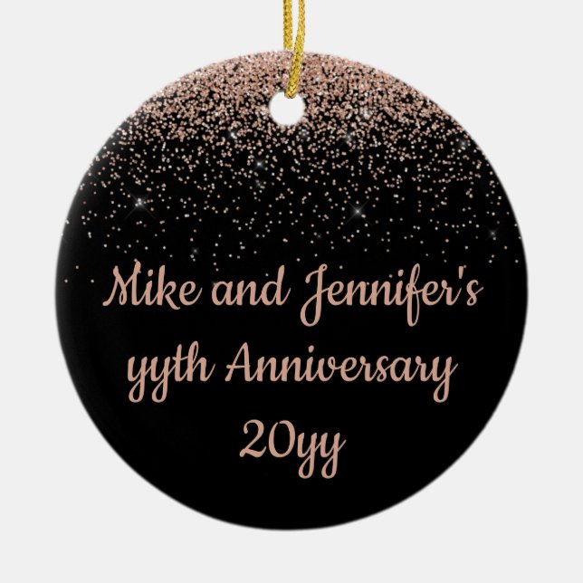 Personalized Anniversary Present Black Rose Gold Ceramic Ornament (Front)