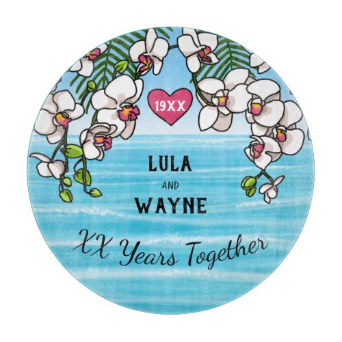 Personalized Anniversary Tropical Beach Orchids Cutting Board