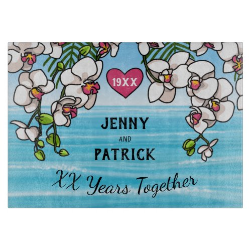 Personalized Anniversary Tropical Beach Orchids Cutting Board
