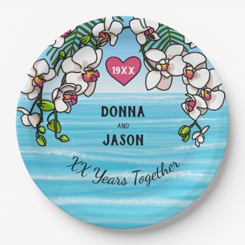 Personalized Anniversary Tropical Beach Orchids Paper Plates