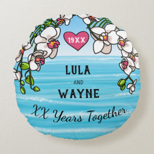 Personalized Anniversary Tropical Beach Orchids Round Pillow