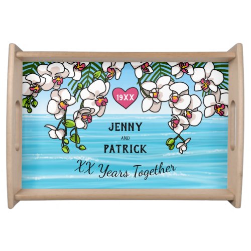 Personalized Anniversary Tropical Beach Orchids Serving Tray