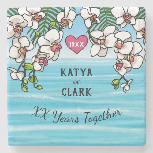Personalized Anniversary Tropical Beach Orchids Stone Coaster