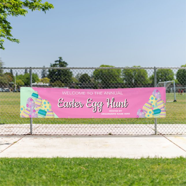 Personalized Annual Easter Egg Hunt pink green Banner (Insitu)