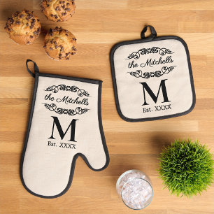 Personalized Antique Black Filigree Scroll Oven Mitt & Pot Holder Set
