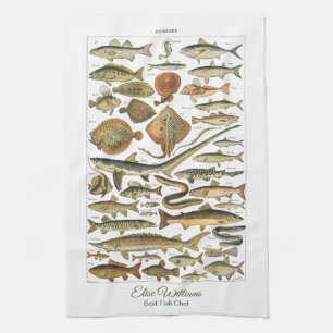 Personalized antique French Best fish Chef Kitchen Towel