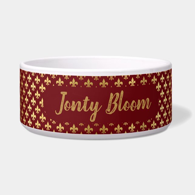 Personalized Antique Gold Burgundy Ceramic Pet Bow Bowl (Front)