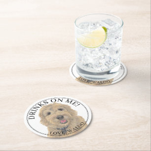 Personalized Apricot Golden Doodle Dog Wedding Round Paper Coaster