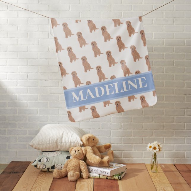 Personalized Apricot Red Golden Doodle Blue Baby Blanket (In Situ)
