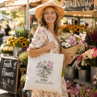 Personalized April Birth Flower Daisy Dragonfly Tote Bag
