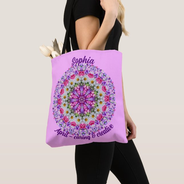 Personalized April Birth Month Flower Daisy Tote Bag (Close Up)
