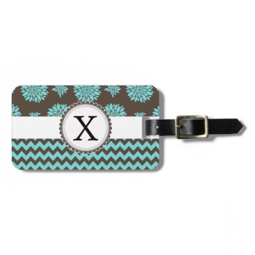 Personalized Aqua and brown Flowers Zigzag Luggage Tag