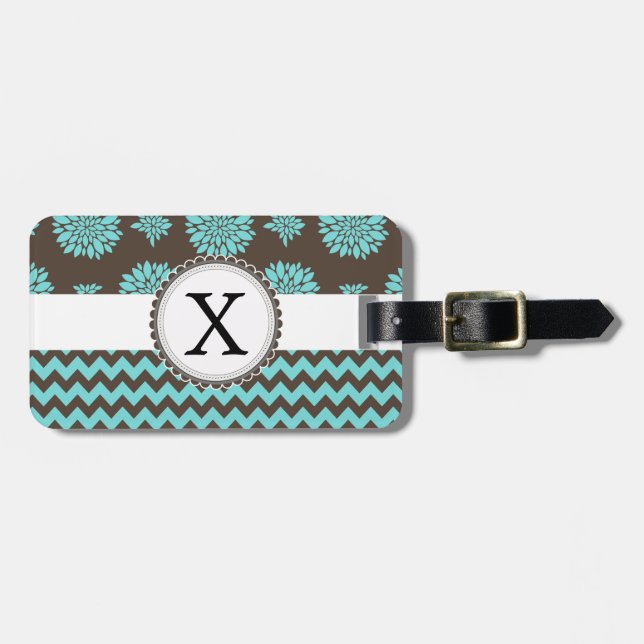 Personalized Aqua and brown Flowers Zigzag Luggage Tag (Front Horizontal)