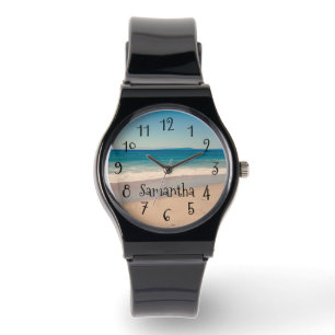 Personalized Aqua Beach Scene Photo Black Text Watch