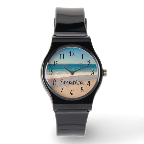 Personalized Aqua Beach Scene Photo Black Text Watch