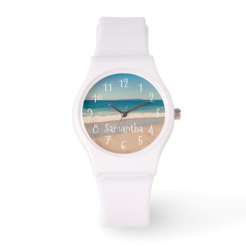 Personalized Aqua Beach Scene Photo White Text Watch