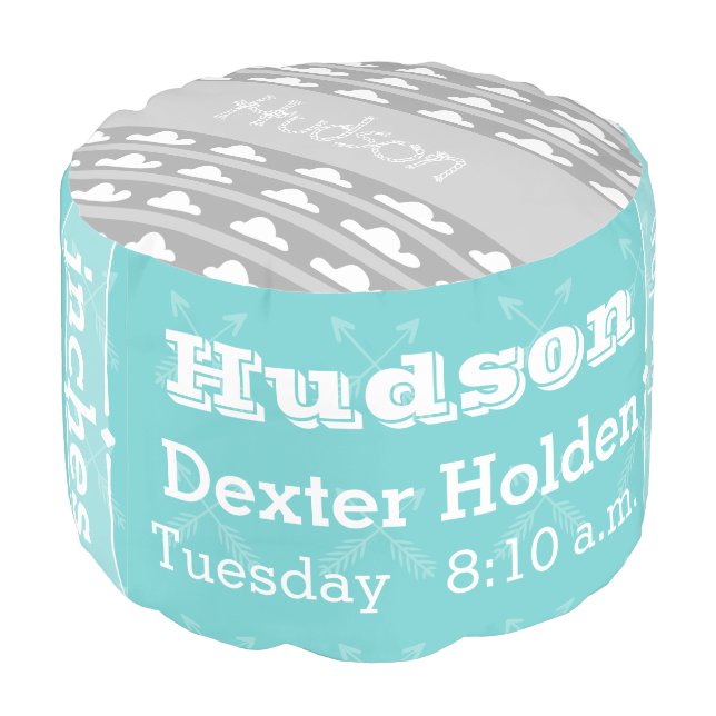 Personalized Aqua Birth Record Cloud pouf (Angled Back)