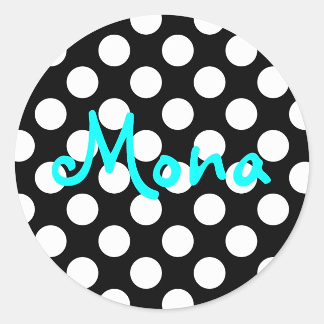 Personalized Aqua Black and White Polka Dot Classic Round Sticker (Front)
