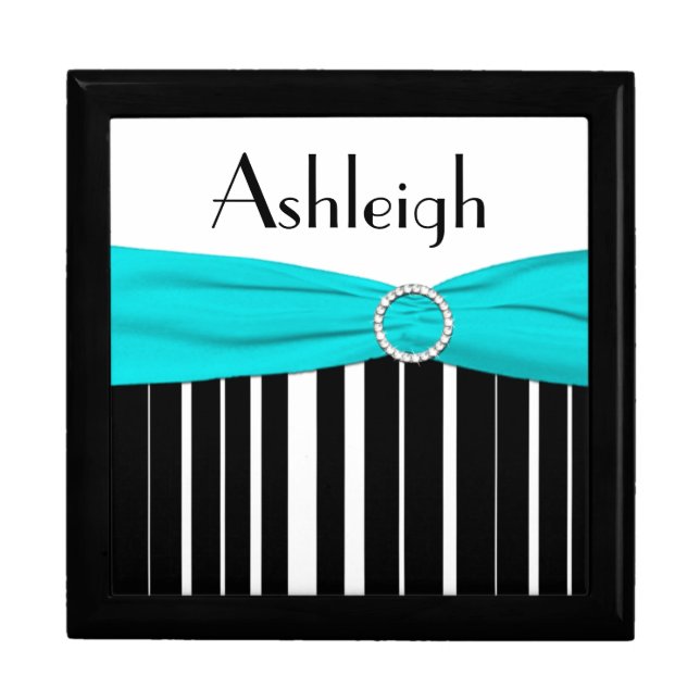 Personalized Aqua, Black, White Stripe Trinket Box (Front)
