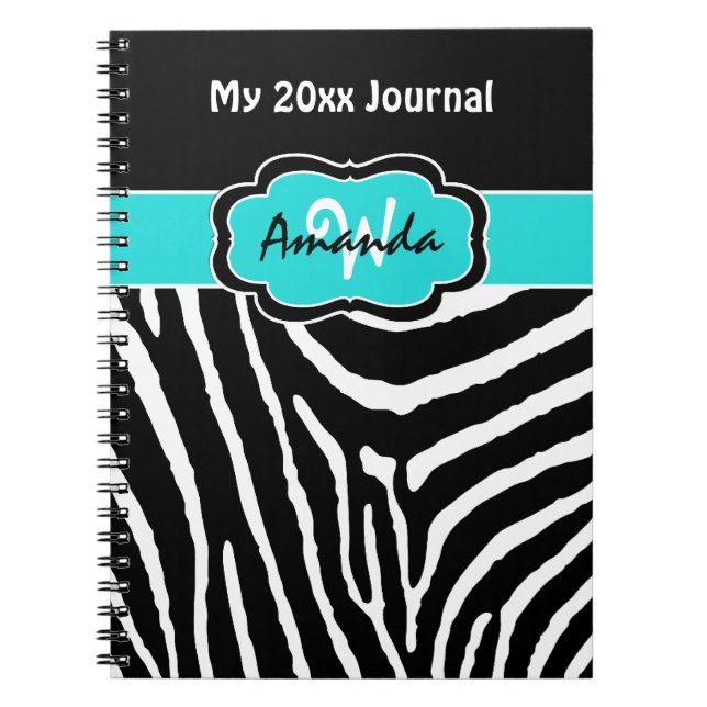 Personalized Aqua Black White Zebra Stripe Journal (Front)