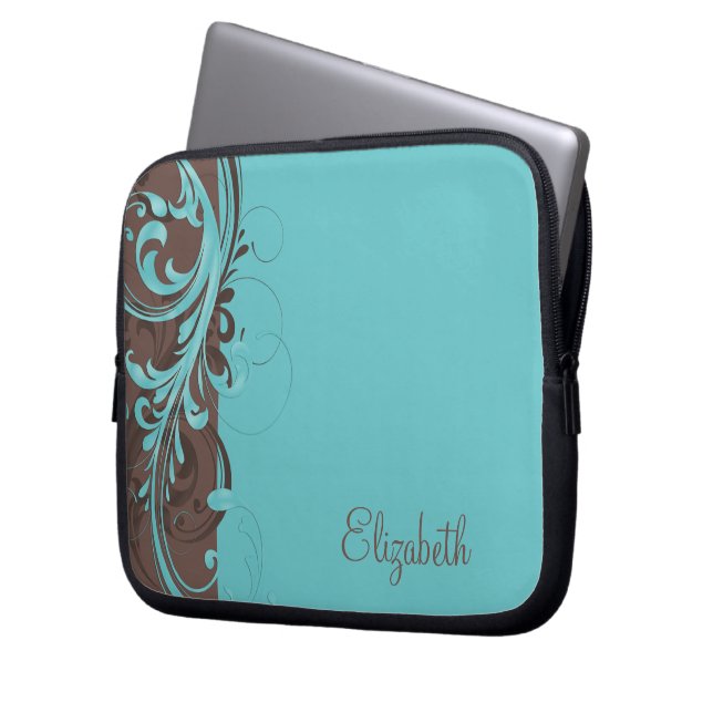 Personalized Aqua Blue Brown Floral Laptop Sleeve (Front Left)