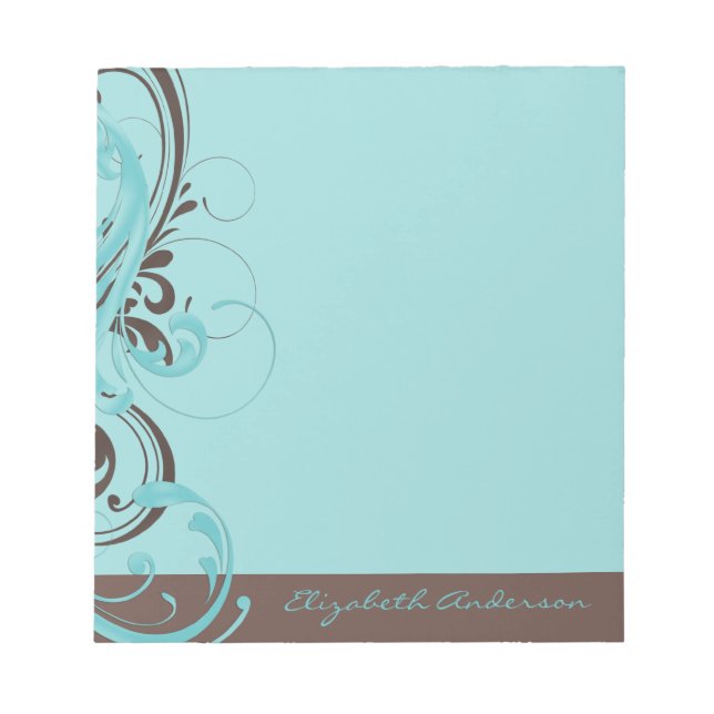 Personalized Aqua Blue Brown Floral Notepad (Front)
