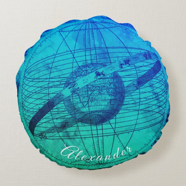 Personalized Aqua Blue Celestial Map Nautical Round Pillow (Back)