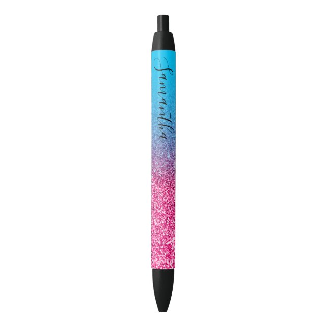 Personalized Aqua Blue Hot Pink Ombre Glitter Pen (Front Vertical)