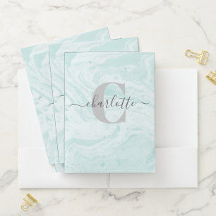 Personalized Aqua Blue Marble School Office Pocket Folder