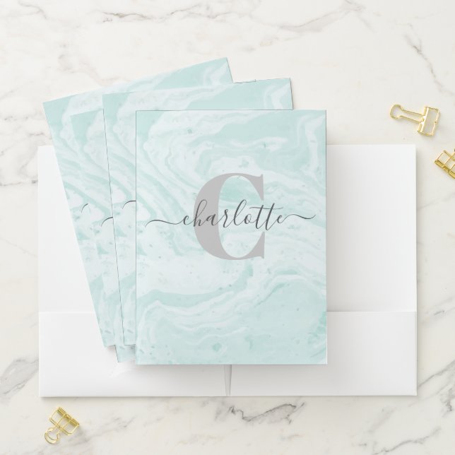 Personalized Aqua Blue Marble School Office Pocket Folder (In Situ)