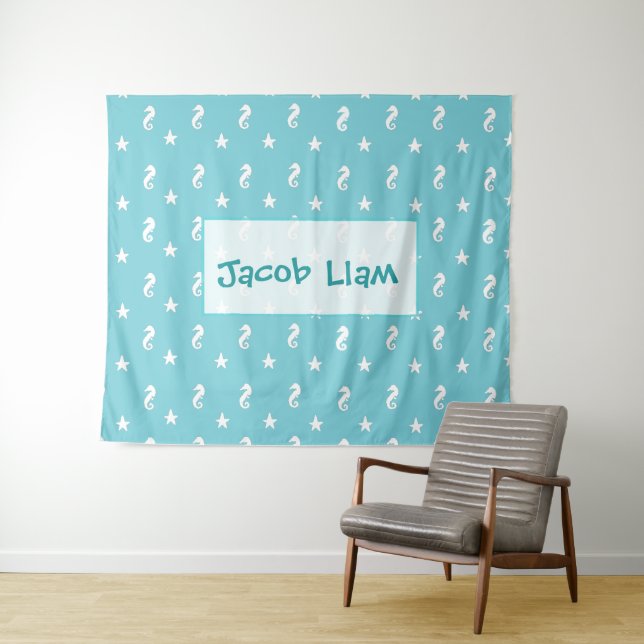 Personalized Aqua Blue Seahorse Boys Name Tapestry (In Situ (Horizontal))