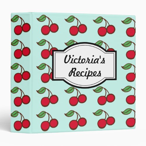 Personalized Aqua Cherry Recipe Cookbook Gift 3 Ring Binder