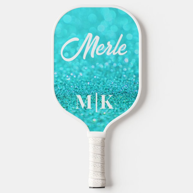 Personalized Aqua Glitter Monogrammed Pickleball Paddle (Front)
