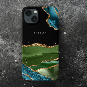 Personalized Aqua/Green Agate w/Gold Glitter Veins iPhone 13 Case