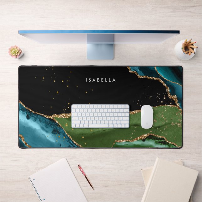 Personalized Aqua/Green Agate w/Gold Glitter Veins Desk Mat (Office 1)