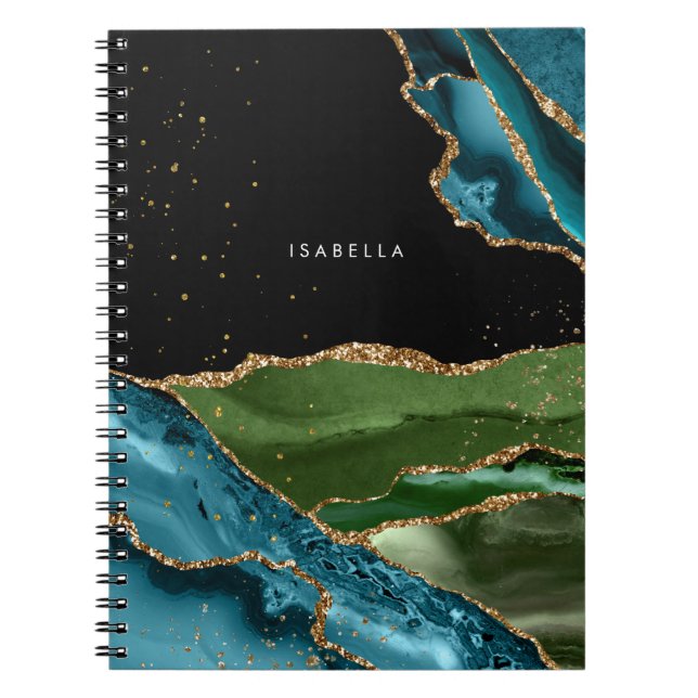 Personalized Aqua/Green Agate w/Gold Glitter Veins Notebook (Front)