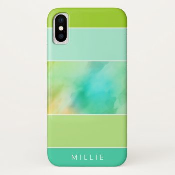 Personalized Aqua & Green Striped Watercolor Iphone X Case by kersteegirl at Zazzle