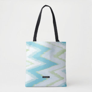 Personalized Aqua Ikat Chevron Pattern Bridesmaid Tote Bag