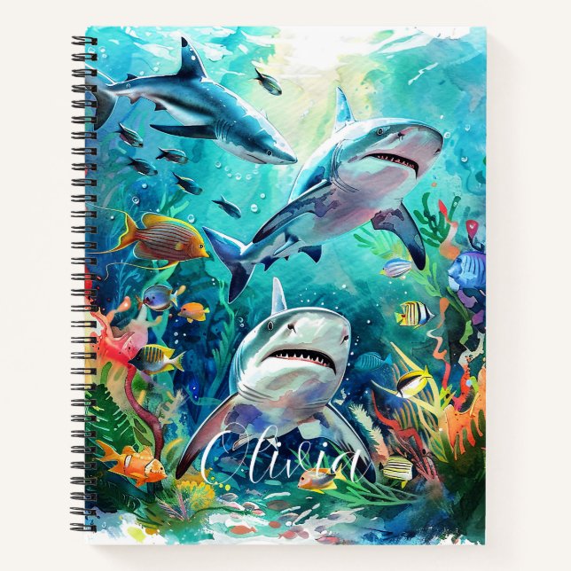 "Personalized Aqua Kids Notebook with Scary Shark  (Front)