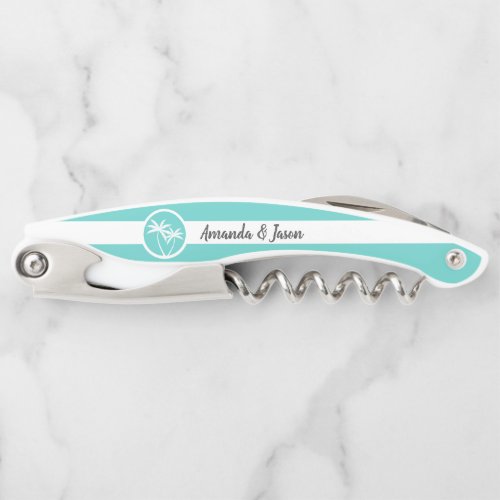 Personalized Aqua Palm Logo and Stripes Waiters Corkscrew