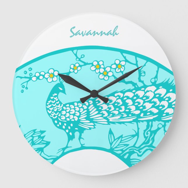 Personalized Aqua Peacock Bird  Wall Clock (Front)