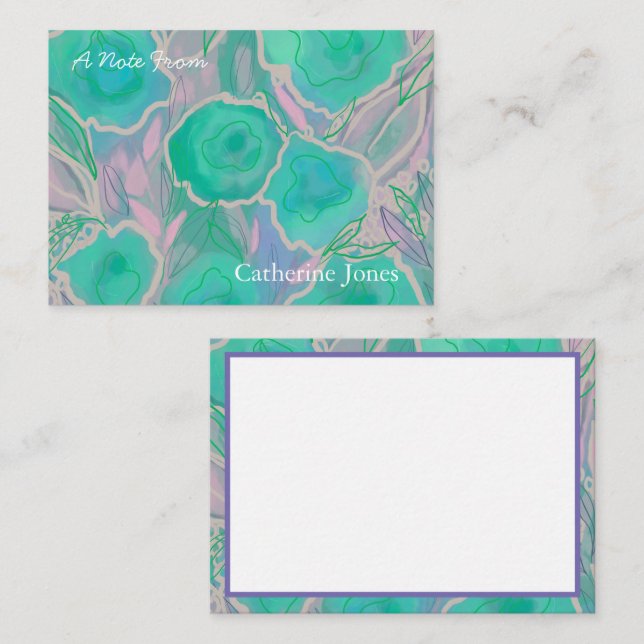 Personalized Aqua Pink Wild Roses Note Card (Front/Back)