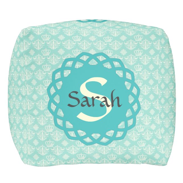 Personalized Aqua Princess Damask Pouf Template (Front)