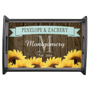 PERSONALIZED AQUA RUSTIC SUNFLOWER WEDDING SERVING TRAY