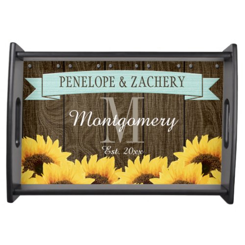 PERSONALIZED AQUA RUSTIC SUNFLOWER WEDDING SERVING TRAY