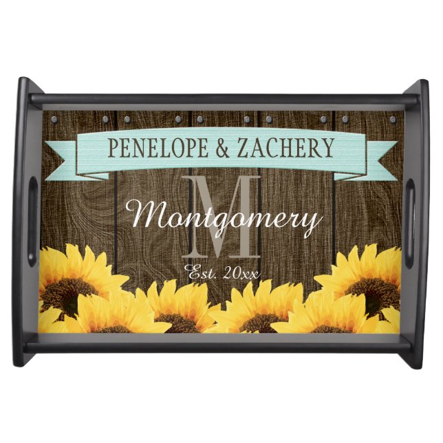 PERSONALIZED AQUA RUSTIC SUNFLOWER WEDDING SERVING TRAY (Front)
